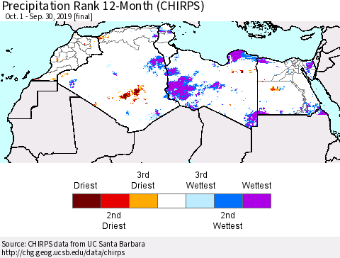 North Africa Precipitation Rank since 1981, 12-Month (CHIRPS) Thematic Map For 10/1/2018 - 9/30/2019