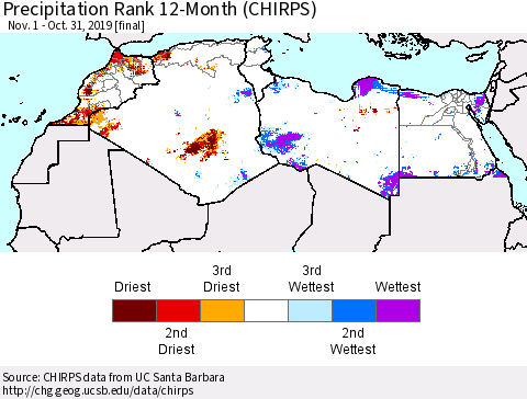 North Africa Precipitation Rank since 1981, 12-Month (CHIRPS) Thematic Map For 11/1/2018 - 10/31/2019