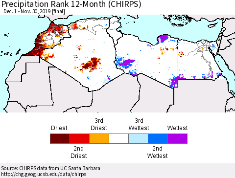 North Africa Precipitation Rank since 1981, 12-Month (CHIRPS) Thematic Map For 12/1/2018 - 11/30/2019