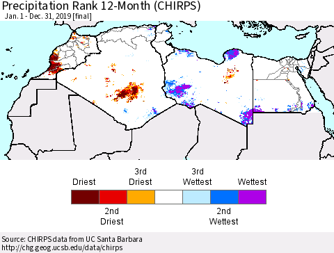 North Africa Precipitation Rank since 1981, 12-Month (CHIRPS) Thematic Map For 1/1/2019 - 12/31/2019