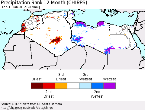 North Africa Precipitation Rank since 1981, 12-Month (CHIRPS) Thematic Map For 2/1/2019 - 1/31/2020