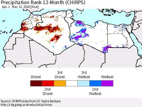 North Africa Precipitation Rank since 1981, 12-Month (CHIRPS) Thematic Map For 4/1/2019 - 3/31/2020