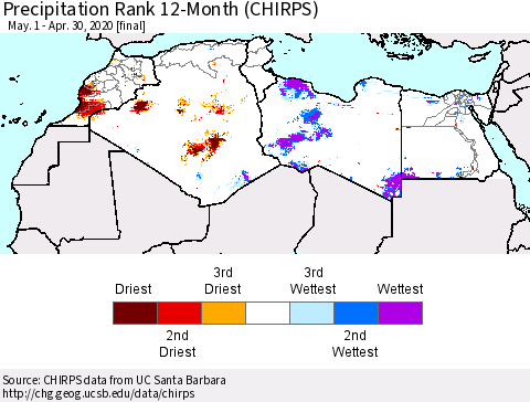 North Africa Precipitation Rank since 1981, 12-Month (CHIRPS) Thematic Map For 5/1/2019 - 4/30/2020