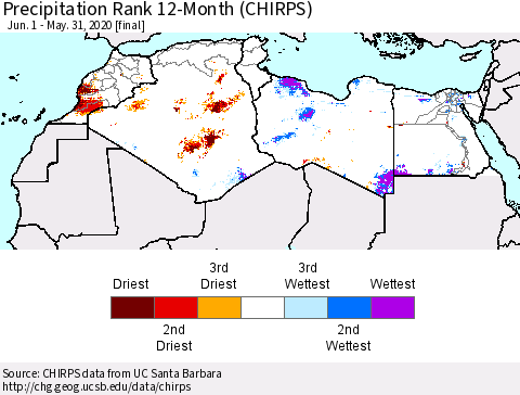 North Africa Precipitation Rank since 1981, 12-Month (CHIRPS) Thematic Map For 6/1/2019 - 5/31/2020