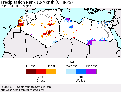 North Africa Precipitation Rank since 1981, 12-Month (CHIRPS) Thematic Map For 8/1/2019 - 7/31/2020