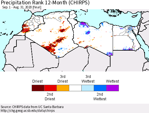 North Africa Precipitation Rank since 1981, 12-Month (CHIRPS) Thematic Map For 9/1/2019 - 8/31/2020