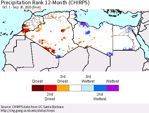 North Africa Precipitation Rank since 1981, 12-Month (CHIRPS) Thematic Map For 10/1/2019 - 9/30/2020