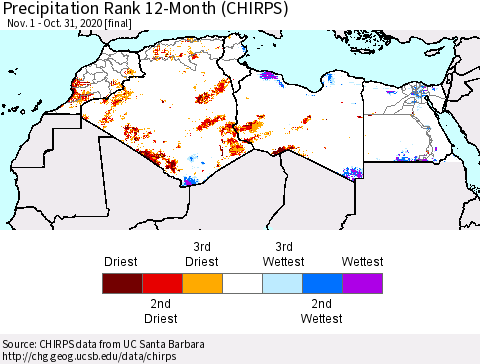 North Africa Precipitation Rank since 1981, 12-Month (CHIRPS) Thematic Map For 11/1/2019 - 10/31/2020