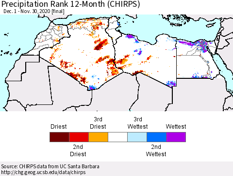 North Africa Precipitation Rank since 1981, 12-Month (CHIRPS) Thematic Map For 12/1/2019 - 11/30/2020