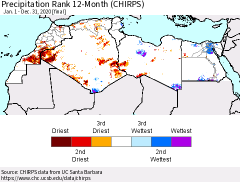North Africa Precipitation Rank since 1981, 12-Month (CHIRPS) Thematic Map For 1/1/2020 - 12/31/2020