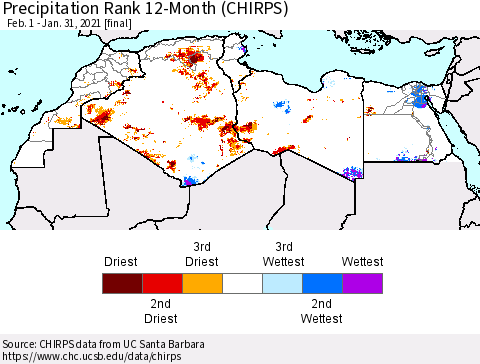 North Africa Precipitation Rank since 1981, 12-Month (CHIRPS) Thematic Map For 2/1/2020 - 1/31/2021