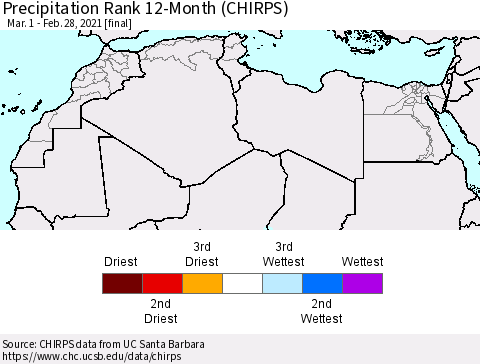 North Africa Precipitation Rank since 1981, 12-Month (CHIRPS) Thematic Map For 3/1/2020 - 2/28/2021