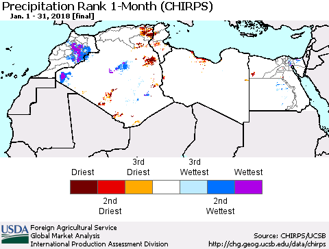 North Africa Precipitation Rank since 1981, 1-Month (CHIRPS) Thematic Map For 1/1/2018 - 1/31/2018