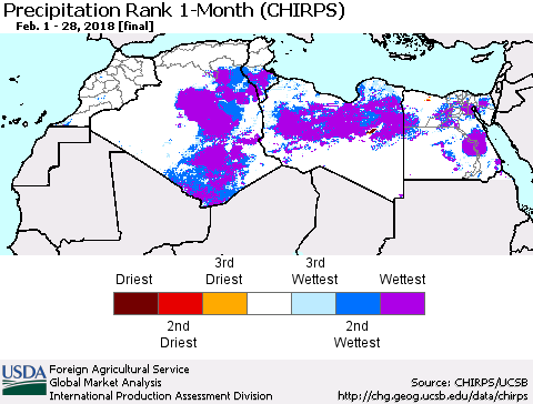North Africa Precipitation Rank since 1981, 1-Month (CHIRPS) Thematic Map For 2/1/2018 - 2/28/2018