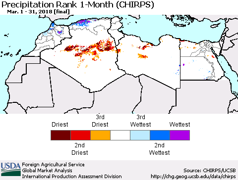 North Africa Precipitation Rank since 1981, 1-Month (CHIRPS) Thematic Map For 3/1/2018 - 3/31/2018