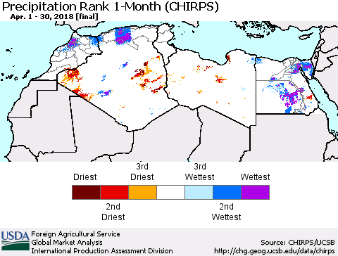 North Africa Precipitation Rank since 1981, 1-Month (CHIRPS) Thematic Map For 4/1/2018 - 4/30/2018