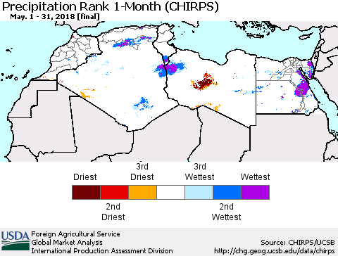 North Africa Precipitation Rank since 1981, 1-Month (CHIRPS) Thematic Map For 5/1/2018 - 5/31/2018