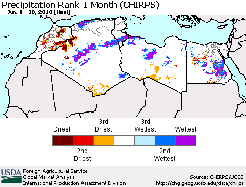 North Africa Precipitation Rank since 1981, 1-Month (CHIRPS) Thematic Map For 6/1/2018 - 6/30/2018