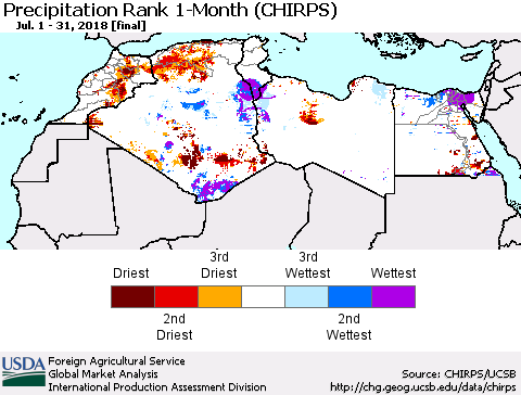 North Africa Precipitation Rank since 1981, 1-Month (CHIRPS) Thematic Map For 7/1/2018 - 7/31/2018