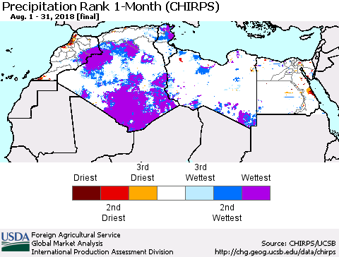 North Africa Precipitation Rank since 1981, 1-Month (CHIRPS) Thematic Map For 8/1/2018 - 8/31/2018