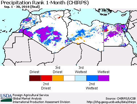 North Africa Precipitation Rank since 1981, 1-Month (CHIRPS) Thematic Map For 9/1/2018 - 9/30/2018