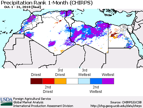 North Africa Precipitation Rank since 1981, 1-Month (CHIRPS) Thematic Map For 10/1/2018 - 10/31/2018