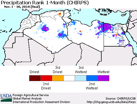 North Africa Precipitation Rank since 1981, 1-Month (CHIRPS) Thematic Map For 11/1/2018 - 11/30/2018