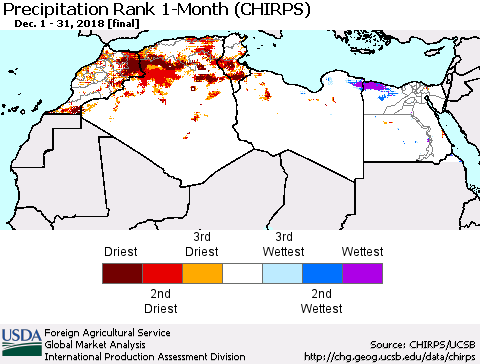 North Africa Precipitation Rank since 1981, 1-Month (CHIRPS) Thematic Map For 12/1/2018 - 12/31/2018