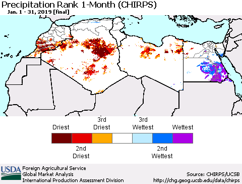North Africa Precipitation Rank since 1981, 1-Month (CHIRPS) Thematic Map For 1/1/2019 - 1/31/2019