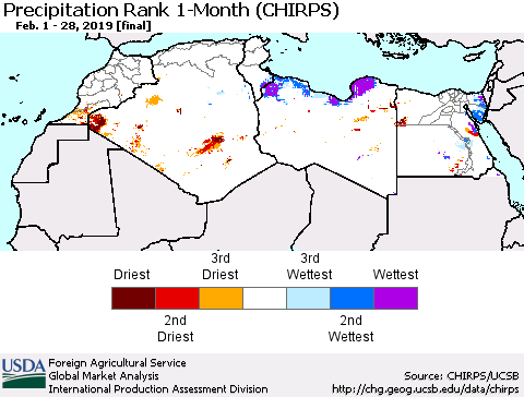 North Africa Precipitation Rank since 1981, 1-Month (CHIRPS) Thematic Map For 2/1/2019 - 2/28/2019