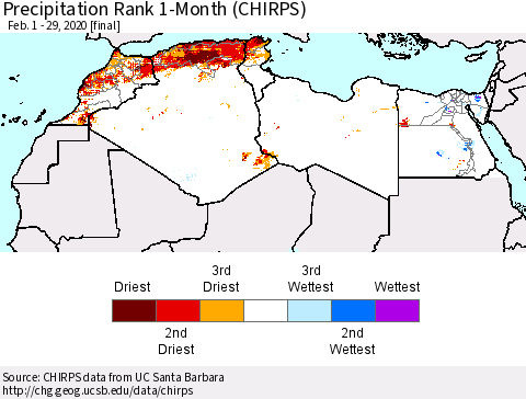 North Africa Precipitation Rank since 1981, 1-Month (CHIRPS) Thematic Map For 2/1/2020 - 2/29/2020