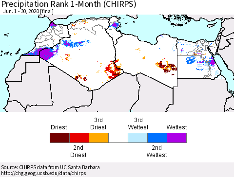North Africa Precipitation Rank since 1981, 1-Month (CHIRPS) Thematic Map For 6/1/2020 - 6/30/2020