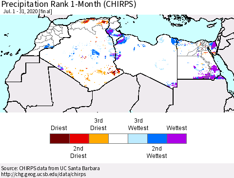 North Africa Precipitation Rank since 1981, 1-Month (CHIRPS) Thematic Map For 7/1/2020 - 7/31/2020