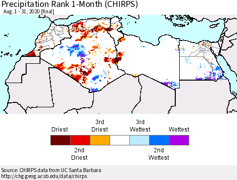 North Africa Precipitation Rank since 1981, 1-Month (CHIRPS) Thematic Map For 8/1/2020 - 8/31/2020