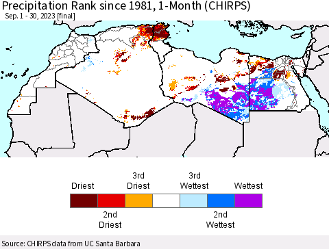 North Africa Precipitation Rank since 1981, 1-Month (CHIRPS) Thematic Map For 9/1/2023 - 9/30/2023