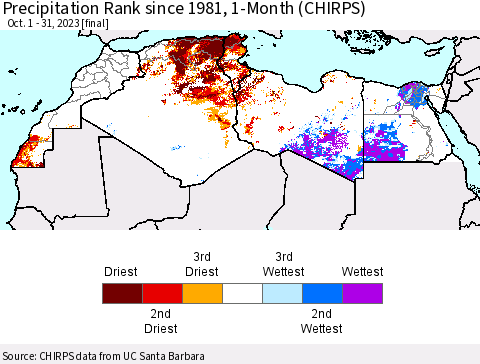 North Africa Precipitation Rank since 1981, 1-Month (CHIRPS) Thematic Map For 10/1/2023 - 10/31/2023