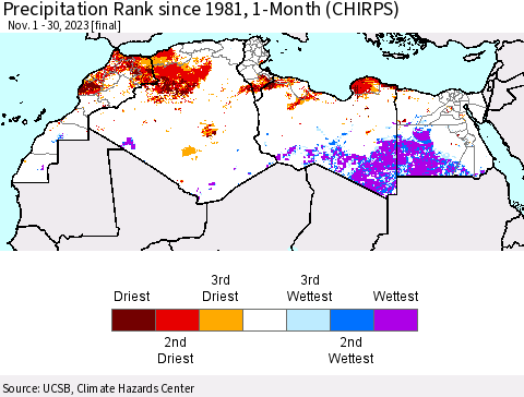North Africa Precipitation Rank since 1981, 1-Month (CHIRPS) Thematic Map For 11/1/2023 - 11/30/2023