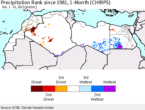 North Africa Precipitation Rank since 1981, 1-Month (CHIRPS) Thematic Map For 12/1/2023 - 12/31/2023