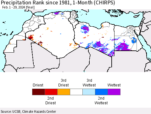 North Africa Precipitation Rank since 1981, 1-Month (CHIRPS) Thematic Map For 2/1/2024 - 2/29/2024