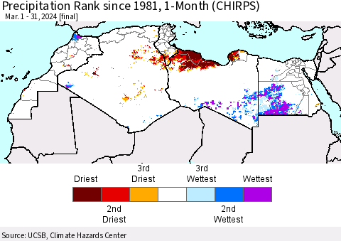 North Africa Precipitation Rank since 1981, 1-Month (CHIRPS) Thematic Map For 3/1/2024 - 3/31/2024
