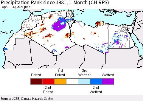 North Africa Precipitation Rank since 1981, 1-Month (CHIRPS) Thematic Map For 4/1/2024 - 4/30/2024