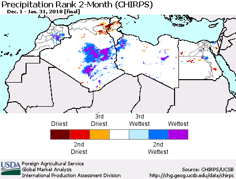 North Africa Precipitation Rank since 1981, 2-Month (CHIRPS) Thematic Map For 12/1/2017 - 1/31/2018