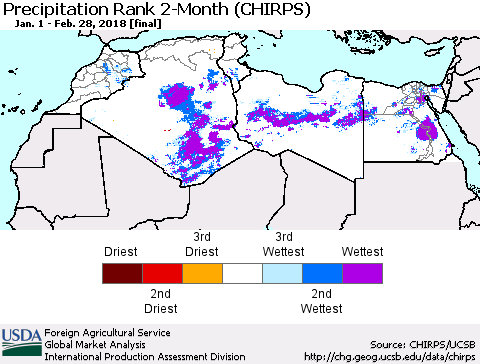 North Africa Precipitation Rank since 1981, 2-Month (CHIRPS) Thematic Map For 1/1/2018 - 2/28/2018