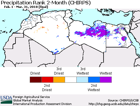 North Africa Precipitation Rank since 1981, 2-Month (CHIRPS) Thematic Map For 2/1/2018 - 3/31/2018