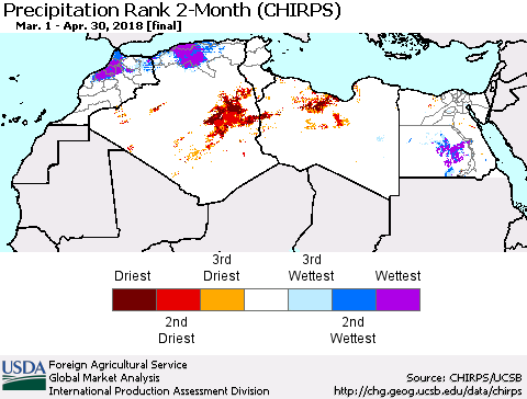 North Africa Precipitation Rank since 1981, 2-Month (CHIRPS) Thematic Map For 3/1/2018 - 4/30/2018