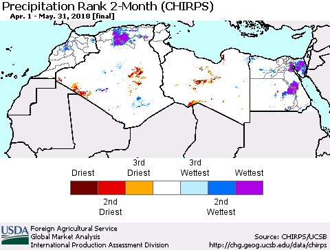 North Africa Precipitation Rank since 1981, 2-Month (CHIRPS) Thematic Map For 4/1/2018 - 5/31/2018