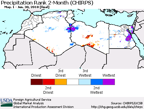 North Africa Precipitation Rank since 1981, 2-Month (CHIRPS) Thematic Map For 5/1/2018 - 6/30/2018