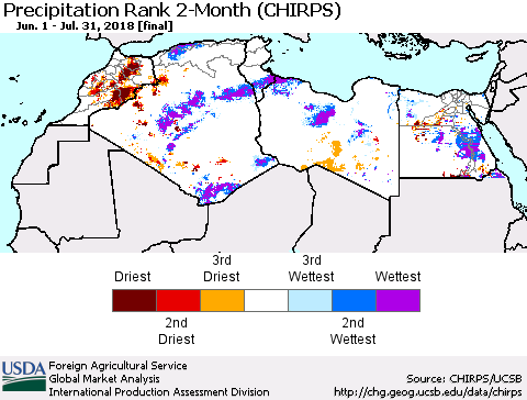 North Africa Precipitation Rank since 1981, 2-Month (CHIRPS) Thematic Map For 6/1/2018 - 7/31/2018