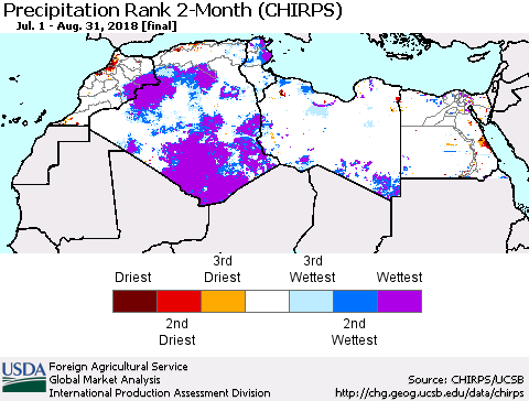 North Africa Precipitation Rank since 1981, 2-Month (CHIRPS) Thematic Map For 7/1/2018 - 8/31/2018
