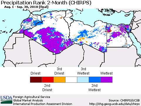 North Africa Precipitation Rank since 1981, 2-Month (CHIRPS) Thematic Map For 8/1/2018 - 9/30/2018